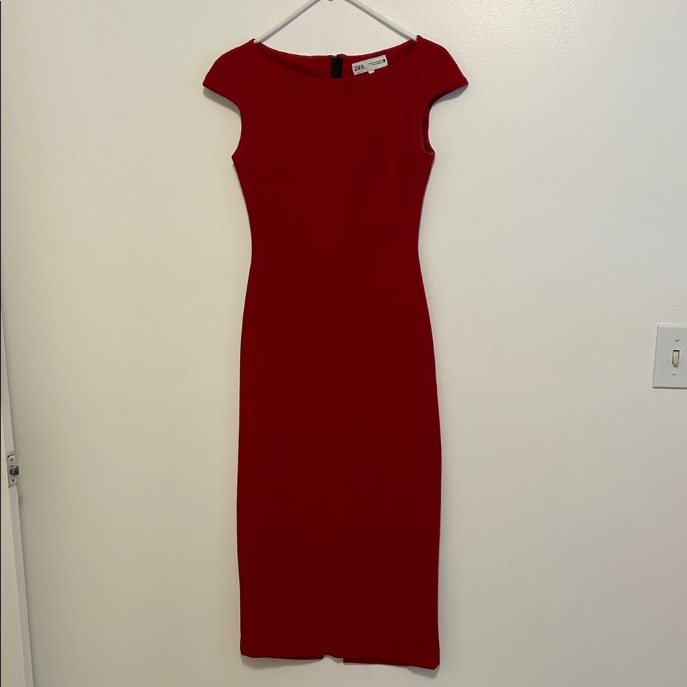 Zara Red Cap-Sleeve Midi Dress